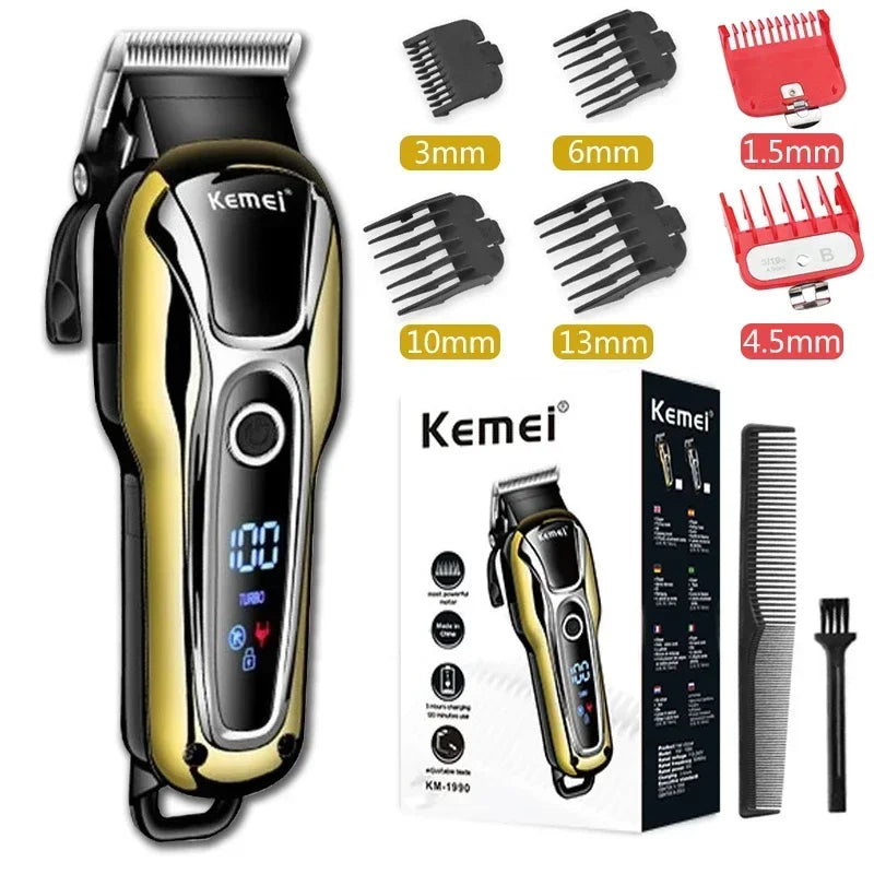 Professional Hair Clipper Kemei KM-1990 Rechargeable Trimmer Men Electric Cutter Hair Cutting Machine LCD Cordless Beard Trimmer