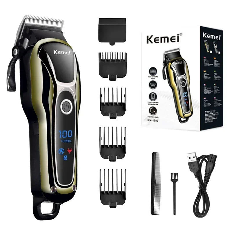 Professional Hair Clipper Kemei KM-1990 Rechargeable Trimmer Men Electric Cutter Hair Cutting Machine LCD Cordless Beard Trimmer