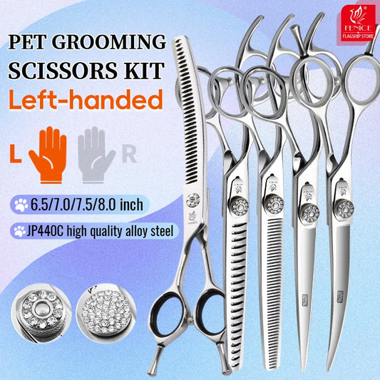 Fenice Left-handed Professional 7.0/7.5/8 inch JP440C Cutting Curved Fluffy Thinning Chunker Scissors Set Kit Pet Dog  Grooming