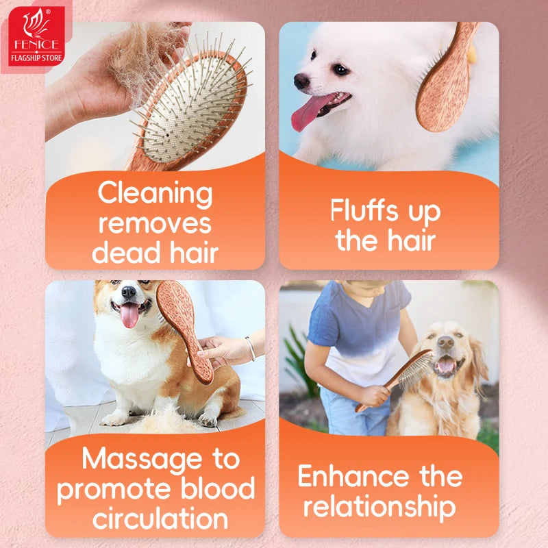 Fenice Pet Comb Solid  Wood Handle in Cat Dog Hair Remover Brush Fur Combs Grooming Tool For Pet Cleaning Supplies Accessories