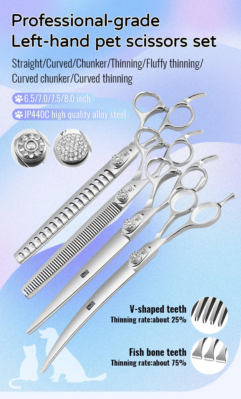 Fenice Left-handed Professional 7.0/7.5/8 inch JP440C Cutting Curved Fluffy Thinning Chunker Scissors Set Kit Pet Dog  Grooming