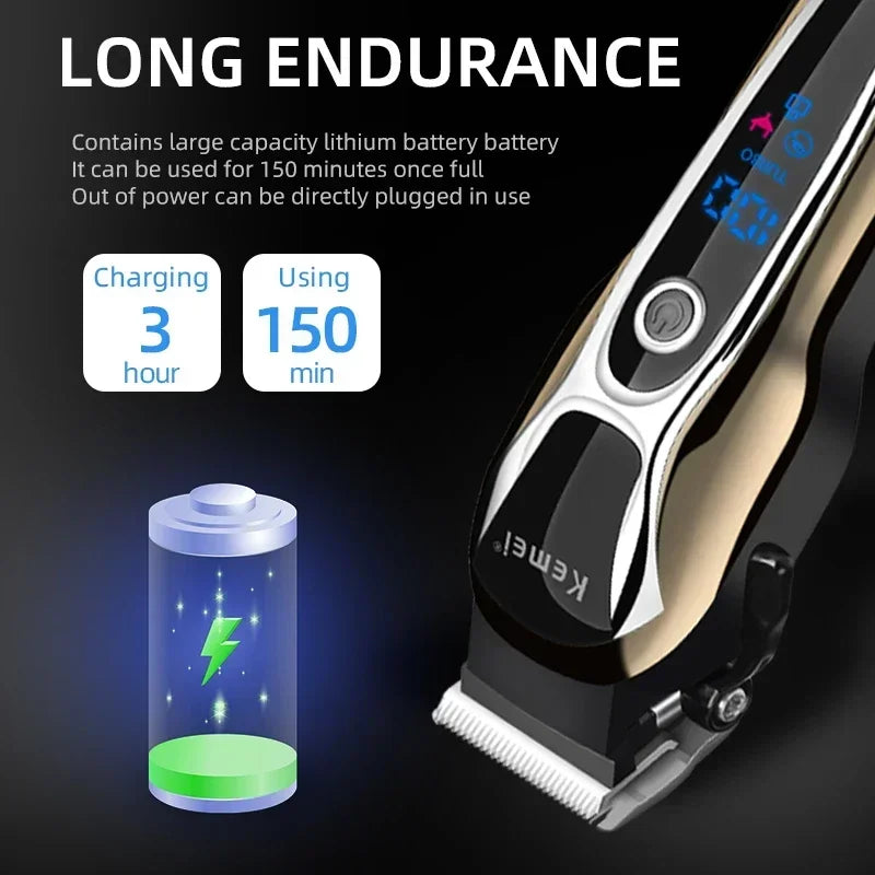 Professional Hair Clipper Kemei KM-1990 Rechargeable Trimmer Men Electric Cutter Hair Cutting Machine LCD Cordless Beard Trimmer