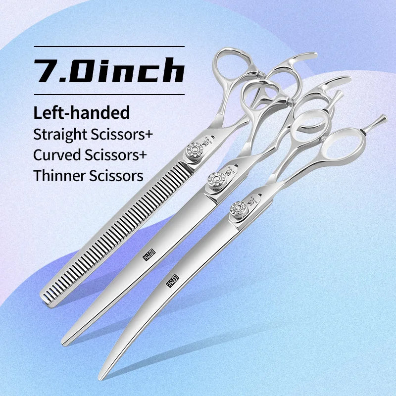 Fenice Left-handed Professional 7.0/7.5/8 inch JP440C Cutting Curved Fluffy Thinning Chunker Scissors Set Kit Pet Dog  Grooming