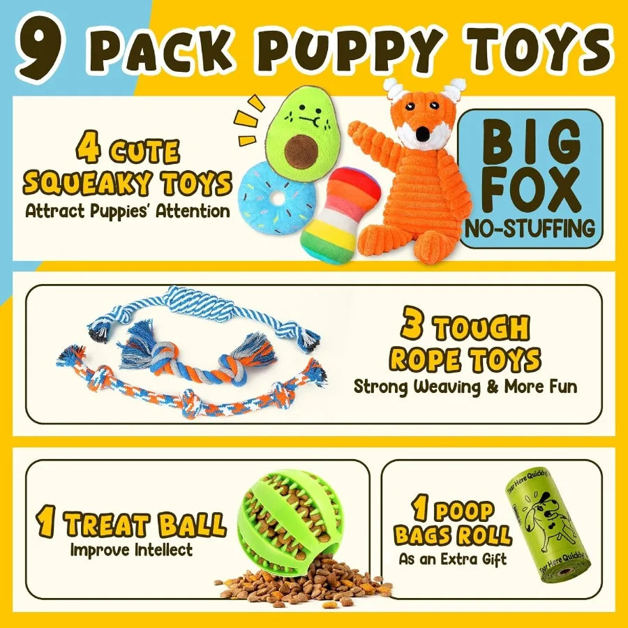9 Pack Luxury Puppy Toys for Teething Small Dogs Puppy Chew Toys with Cute Squeaky Dog Toys Ball and More Rope Dog Chew Toys