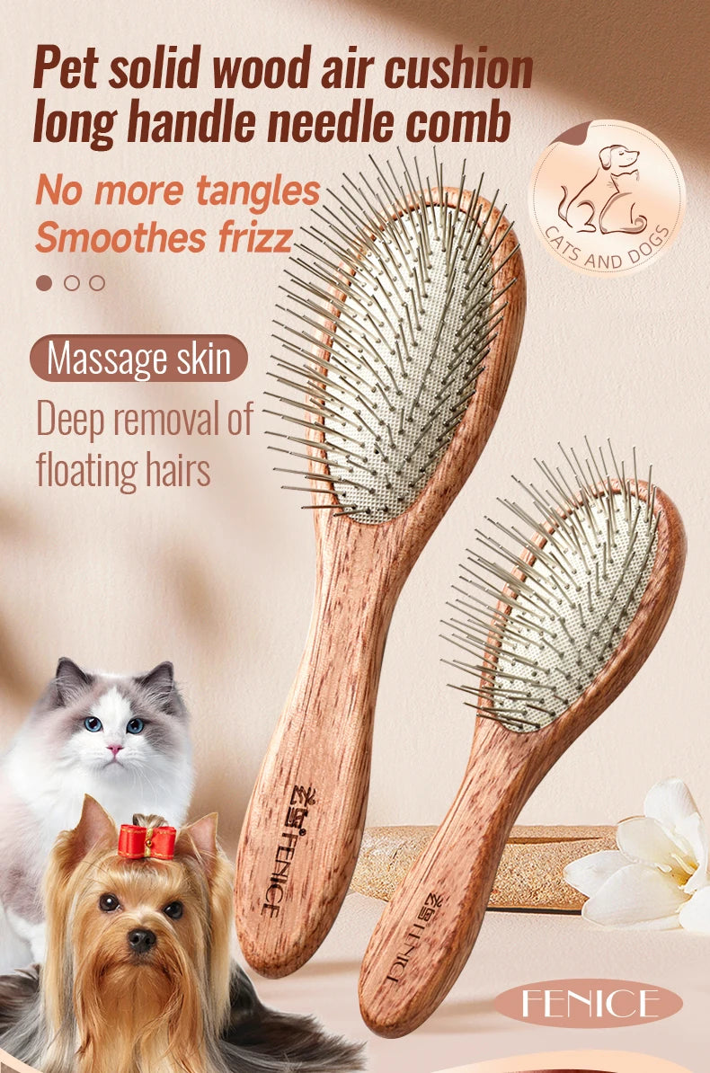 Fenice Pet Comb Solid  Wood Handle in Cat Dog Hair Remover Brush Fur Combs Grooming Tool For Pet Cleaning Supplies Accessories