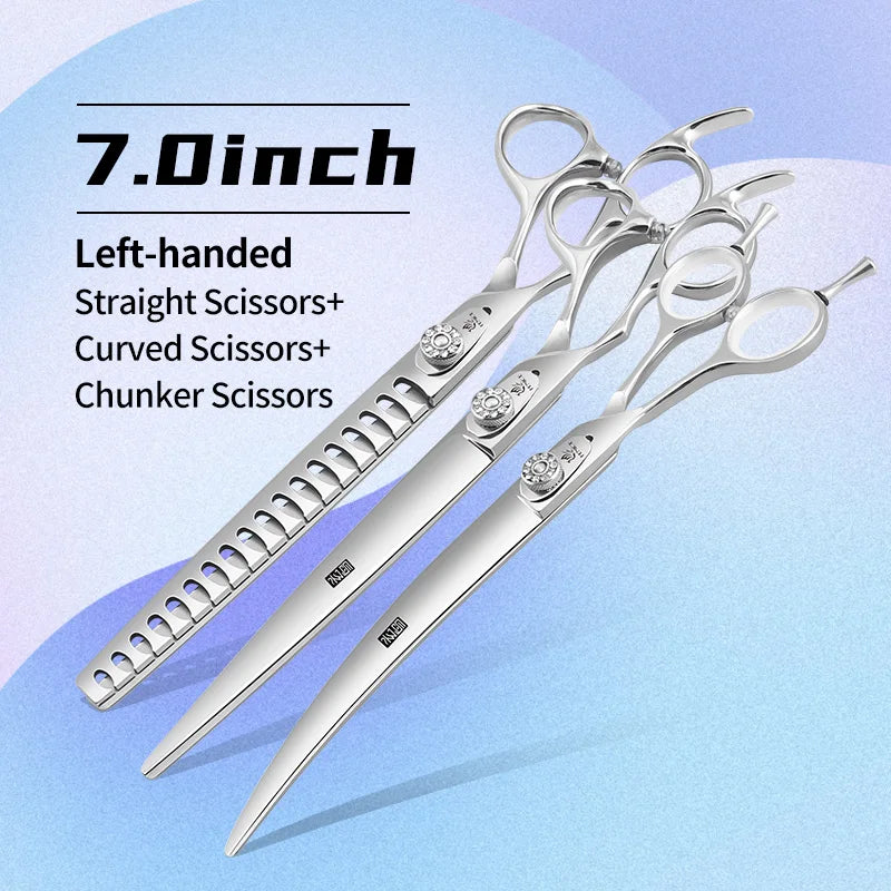 Fenice Left-handed Professional 7.0/7.5/8 inch JP440C Cutting Curved Fluffy Thinning Chunker Scissors Set Kit Pet Dog  Grooming