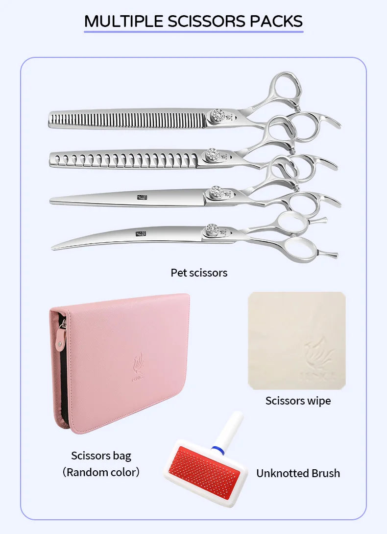 Fenice Left-handed Professional 7.0/7.5/8 inch JP440C Cutting Curved Fluffy Thinning Chunker Scissors Set Kit Pet Dog  Grooming