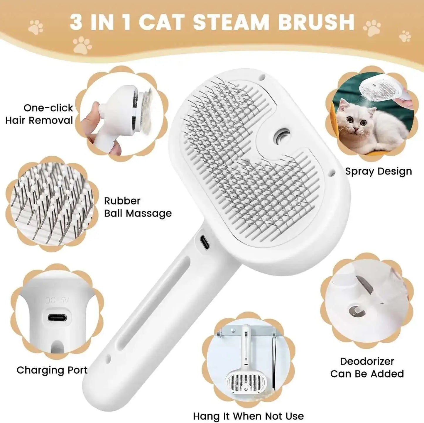 3 In 1 Pet Spray Grooming Comb Steamy Floating One Click Hair Removal Cleaning Steam Brush Styling for Dogs Cats Accessories